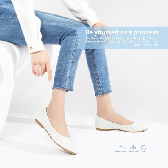 Obtaom Women White Textile Closed Round Toe Slip on Ballet Flats Shoes - Picture 6 of 6